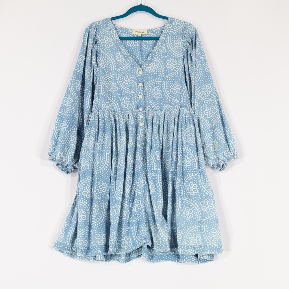 Madewell Babydoll Mini Dress Womens XL Blue Floral Button Front Cottage Boho